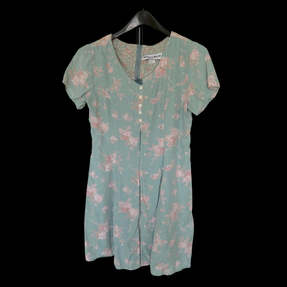 80's Peasant‎ Petite Sage Green Floral Tea Dress Vintage 90s Cottagecore 12P